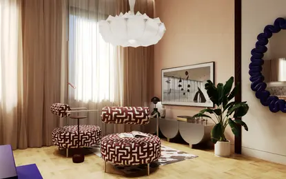 Salon w stylu dopamine decor z eklektycznymi meblami i roślinnością.