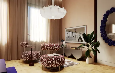 Salon w stylu dopamine decor z eklektycznymi meblami i roślinnością.