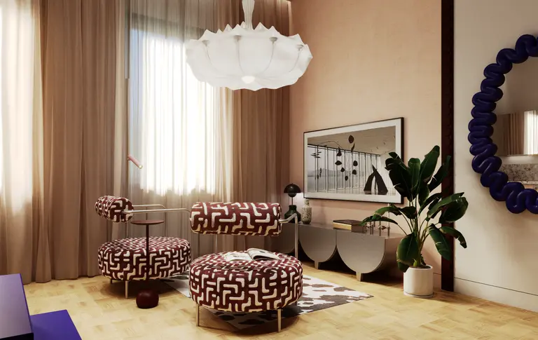 Salon w stylu dopamine decor z eklektycznymi meblami i roślinnością.