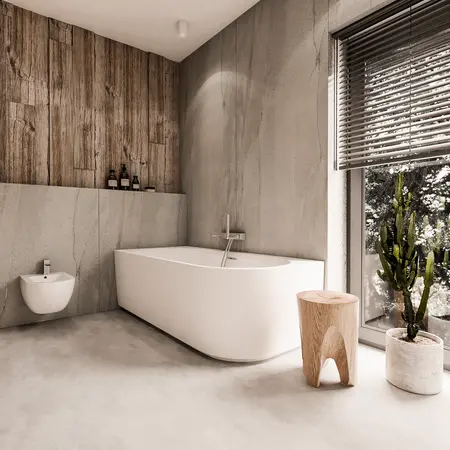 Wnętrze łazienki z białą wanną, drewnianymi detalami i roślinami, styl industrialny, minimaluxe, soft minimalizm.