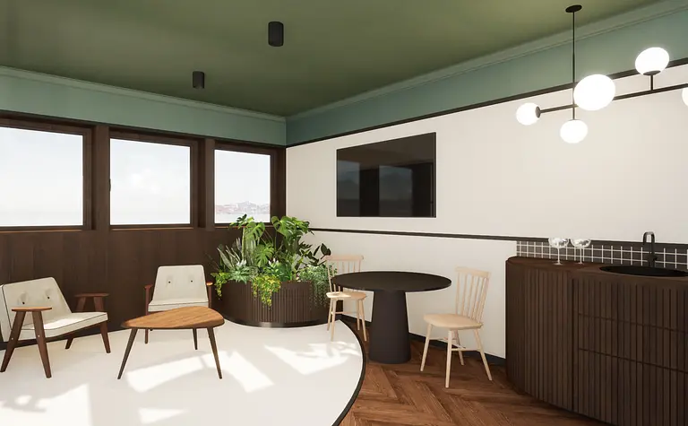 Wnętrze pokoju dziennego w stylu art deco i minimaluxe z roślinami.