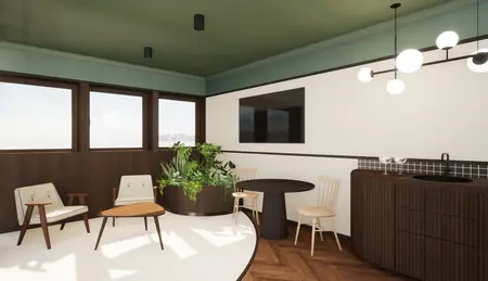 Wnętrze pokoju dziennego w stylu art deco i minimaluxe z roślinami.