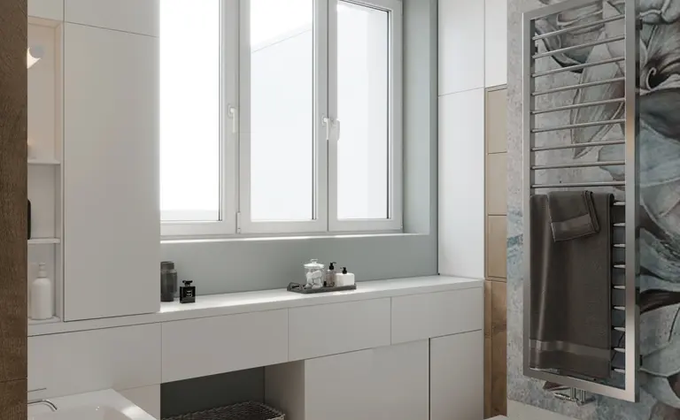 Nowoczesna łazienka z elementami art deco i glamour, w stylu soft minimalizm i tradycyjnym.