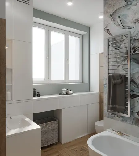 Nowoczesna łazienka z elementami art deco i glamour, w stylu soft minimalizm i tradycyjnym.