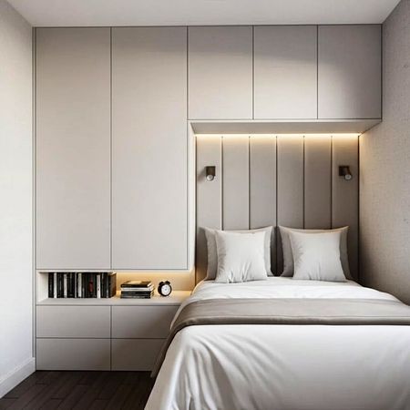 Sypialnia w stylu japandi, minimalistycznym, z szarymi meblami i białą pościelą.