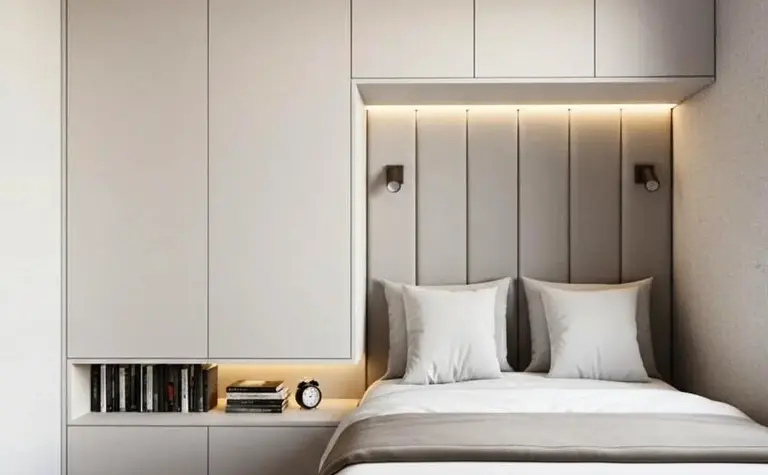 Sypialnia w stylu japandi, minimalistycznym, z szarymi meblami i białą pościelą.