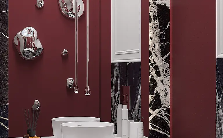 Wnętrze łazienki w stylu art deco i minimalistycznym z białymi umywalkami i czarnymi akcentami.