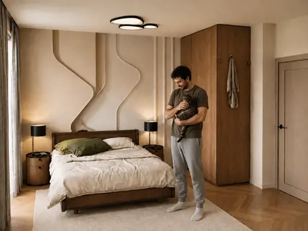 Nowoczesna sypialnia z drewnianym łóżkiem, lampami i stylowymi detalami.