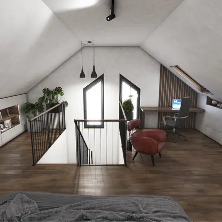 Poddasze w stylu industrialnym z biurkiem, roślinami i nowoczesnym oświetleniem.
