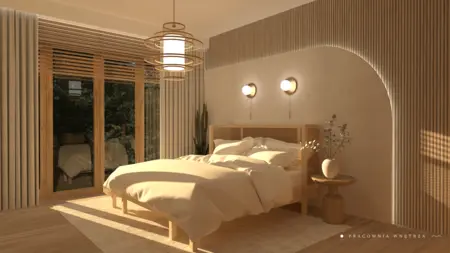 Wnętrze sypialni w stylu boho, japandi i minimalistycznym z jasnym łóżkiem.