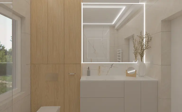 Nowoczesna łazienka z drewnianymi meblami i eleganckimi akcentami w stylu glamour.
