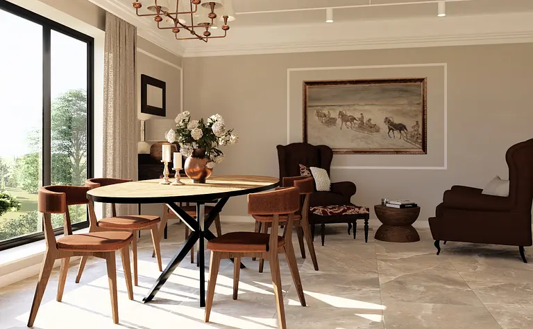 Wnętrze w stylu eklektycznym z jadalnią i brązowym stołem.