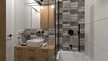 Wnętrze łazienki w stylu boho, nowoczesnym i skandynawskim z drewnem i białą umywalką.