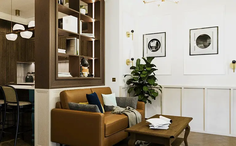 Wnętrze salonu w stylach art deco, eklektycznym, minimalistycznym, tradycyjnym, vintage.