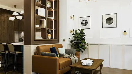Wnętrze salonu w stylach art deco, eklektycznym, minimalistycznym, tradycyjnym, vintage.
