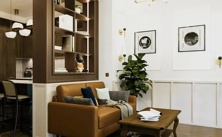 Wnętrze salonu w stylach art deco, eklektycznym, minimalistycznym, tradycyjnym, vintage.