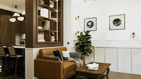 Wnętrze salonu w stylach art deco, eklektycznym, minimalistycznym, tradycyjnym, vintage.