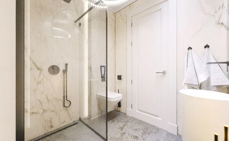 Nowoczesna łazienka z prysznicem, marmurowymi ścianami, akcentami glamour i quiet luxury.