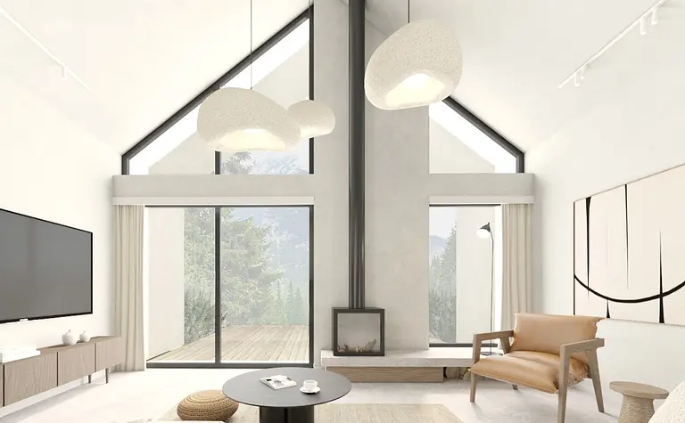 Wnętrze salonu w stylu japandi, minimalistycznym, soft minimalizm, współczesnym, z dużymi oknami.