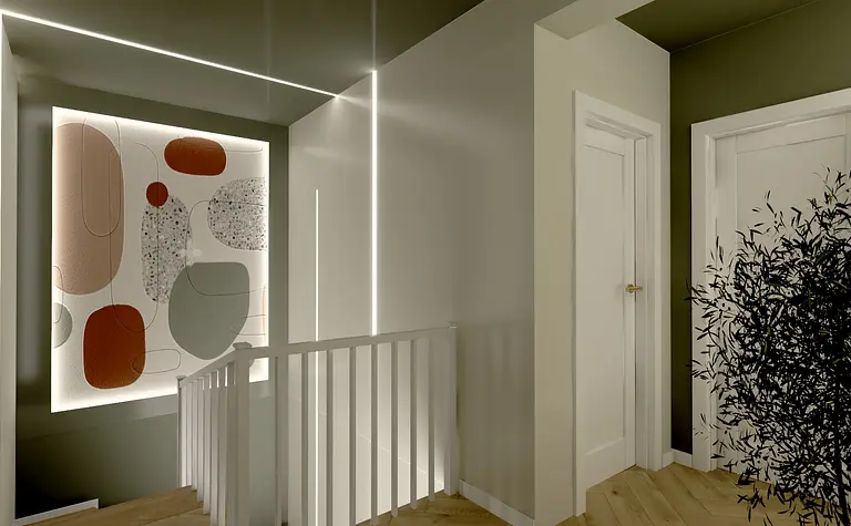 Korytarz w stylu art deco, boho i eklektycznym z kolorowymi ścianami.