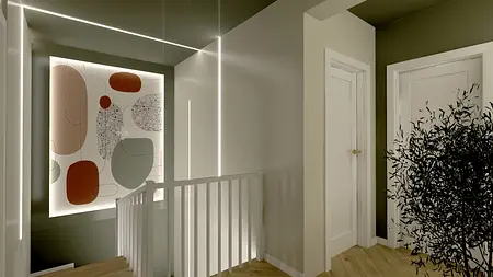 Korytarz w stylu art deco, boho i eklektycznym z kolorowymi ścianami.