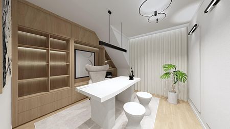 Nowoczesny gabinet w stylu boho i japandi z białym biurkiem i drewnianymi akcentami.