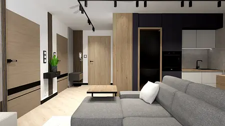 Wnętrze z szarym sofą, drewnianymi drzwiami i nowoczesną kuchnią w stylu industrialnym.
