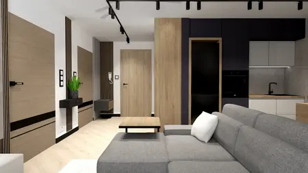 Wnętrze z szarym sofą, drewnianymi drzwiami i nowoczesną kuchnią w stylu industrialnym.