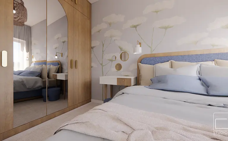 Sypialnia w stylu boho, eklektycznym, japandi i soft minimalizm z drewnianymi detalami.