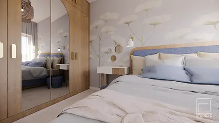 Sypialnia w stylu boho, eklektycznym, japandi i soft minimalizm z drewnianymi detalami.
