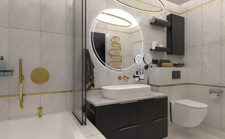 Nowoczesna łazienka w stylu boho z elementami glamour i industrialnymi.