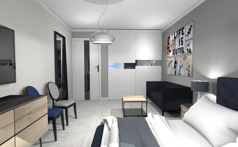 Sypialnia w stylu japandi z minimalistycznymi meblami, industrialnymi akcentami i soft minimalizmem.