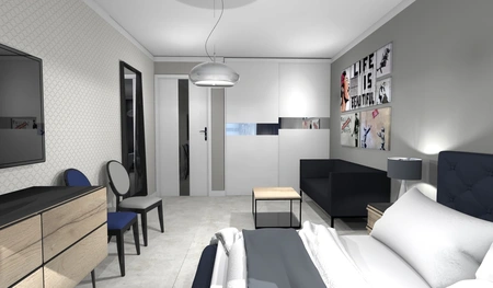Sypialnia w stylu japandi z minimalistycznymi meblami, industrialnymi akcentami i soft minimalizmem.