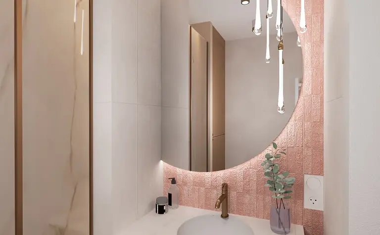 Nowoczesna łazienka w stylu art deco z różowymi płytkami i minimalistycznym oświetleniem.