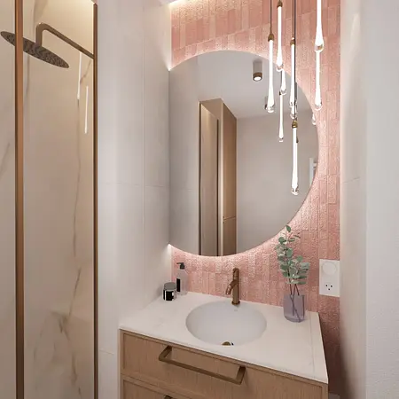 Nowoczesna łazienka w stylu art deco z różowymi płytkami i minimalistycznym oświetleniem.