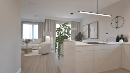 Wnętrze kuchni w stylu boho i skandynawskim z jasnymi meblami i zielonymi roślinami.