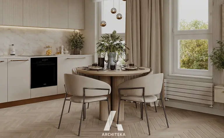 Wnętrze kuchni w stylu minimalistycznym i soft minimalizm z okrągłym stołem.