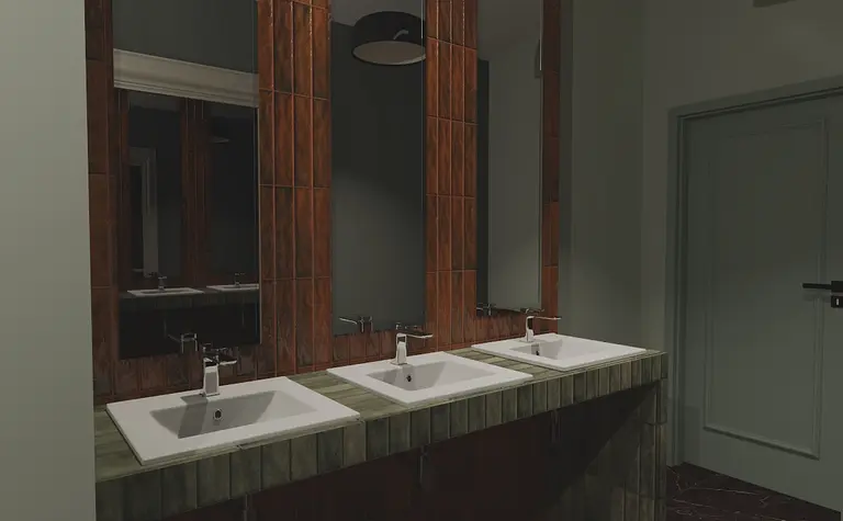 Wnętrze łazienki z trzema umywalkami, drewnianymi akcentami i lustrem.