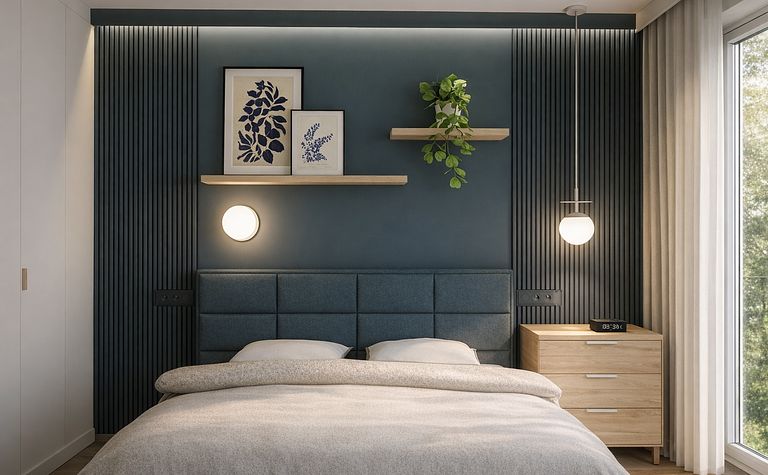 Sypialnia w stylu eklektycznym z minimalistycznymi detalami, skandynawskim akcentem i roślinnością.