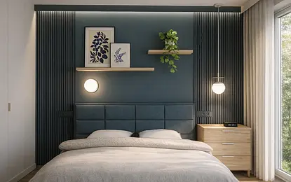 Sypialnia w stylu eklektycznym z minimalistycznymi detalami, skandynawskim akcentem i roślinnością.