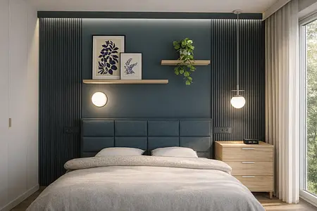 Sypialnia w stylu eklektycznym z minimalistycznymi detalami, skandynawskim akcentem i roślinnością.