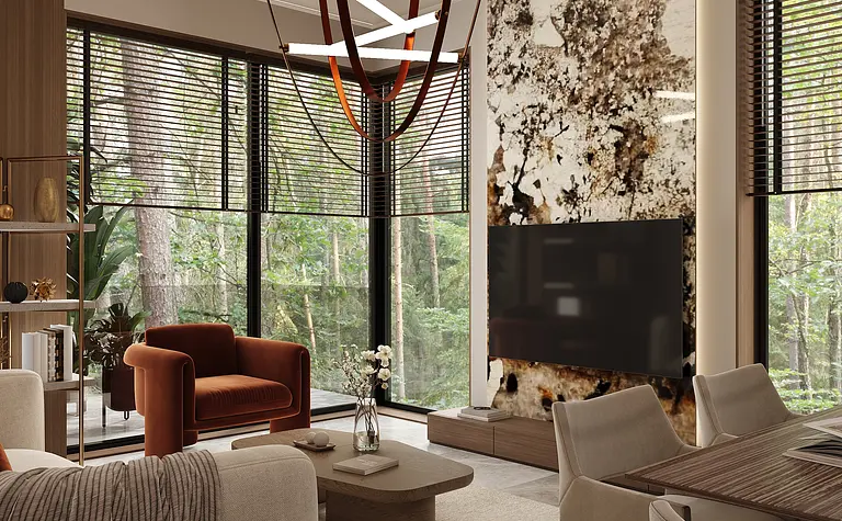 Wnętrze salonu w stylach art deco, minimalistycznym i współczesnym z dużymi oknami.