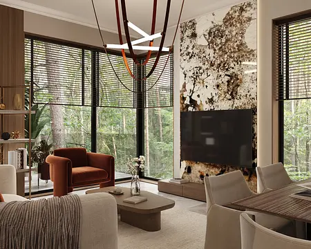 Wnętrze salonu w stylach art deco, minimalistycznym i współczesnym z dużymi oknami.