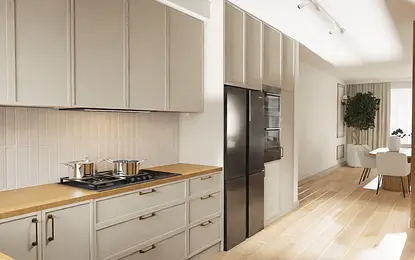 Kuchnia w stylu japandi i skandynawskim z beżowymi meblami i drewnianymi detalami.