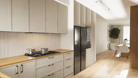 Kuchnia w stylu japandi i skandynawskim z beżowymi meblami i drewnianymi detalami.