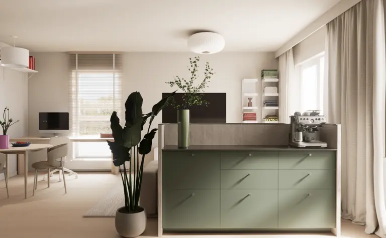 Nowoczesna kuchnia w stylu dopamine decor i japandi z roślinami.