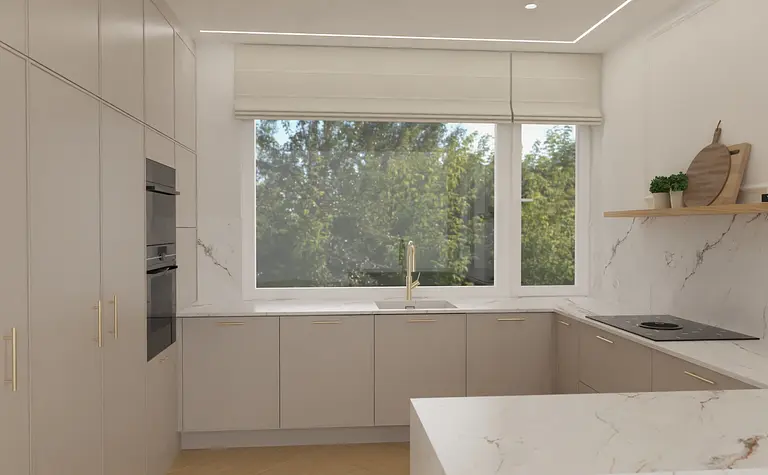Kuchnia w stylu glamour z nowoczesnymi meblami i marmurowymi detalami.