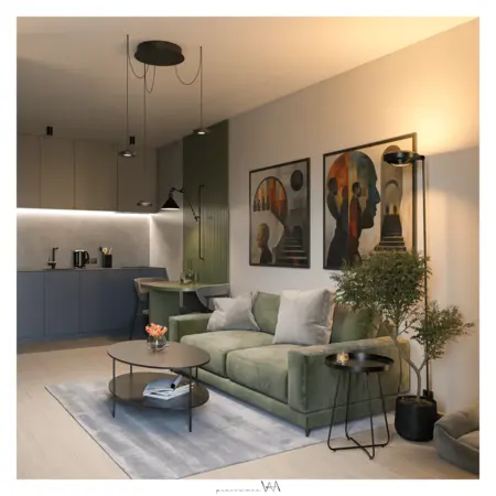 Wnętrze salonu w stylu industrialnym i minimalistycznym z zieloną sofą i nowoczesnymi obrazami.