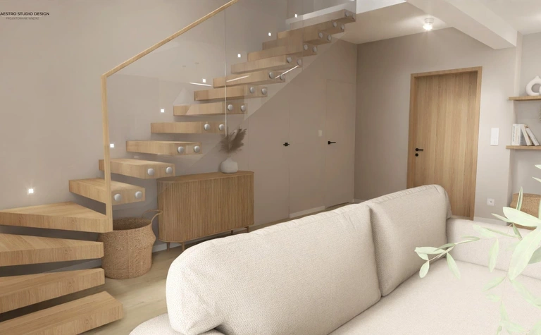 Wnętrze z boho i japandi, drewniane schody, jasna sofa, minimalistyczne akcenty.