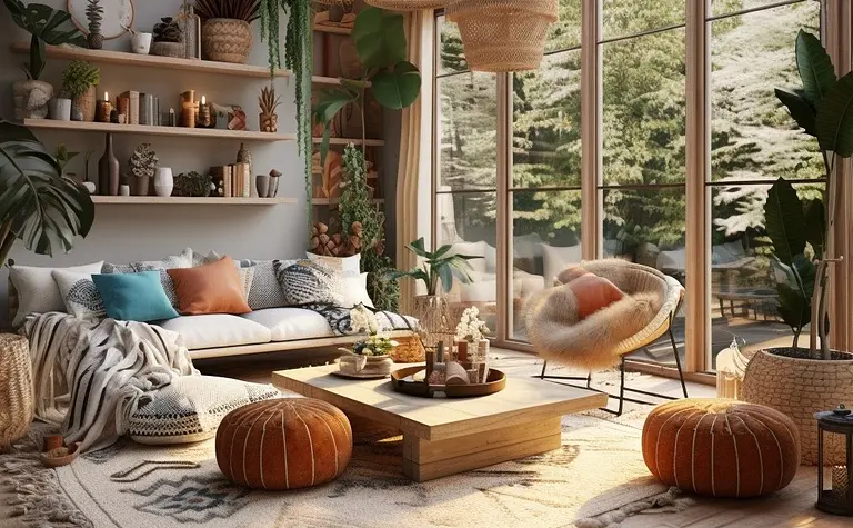 Przytulny salon w stylu boho z roślinami i naturalnymi materiałami.